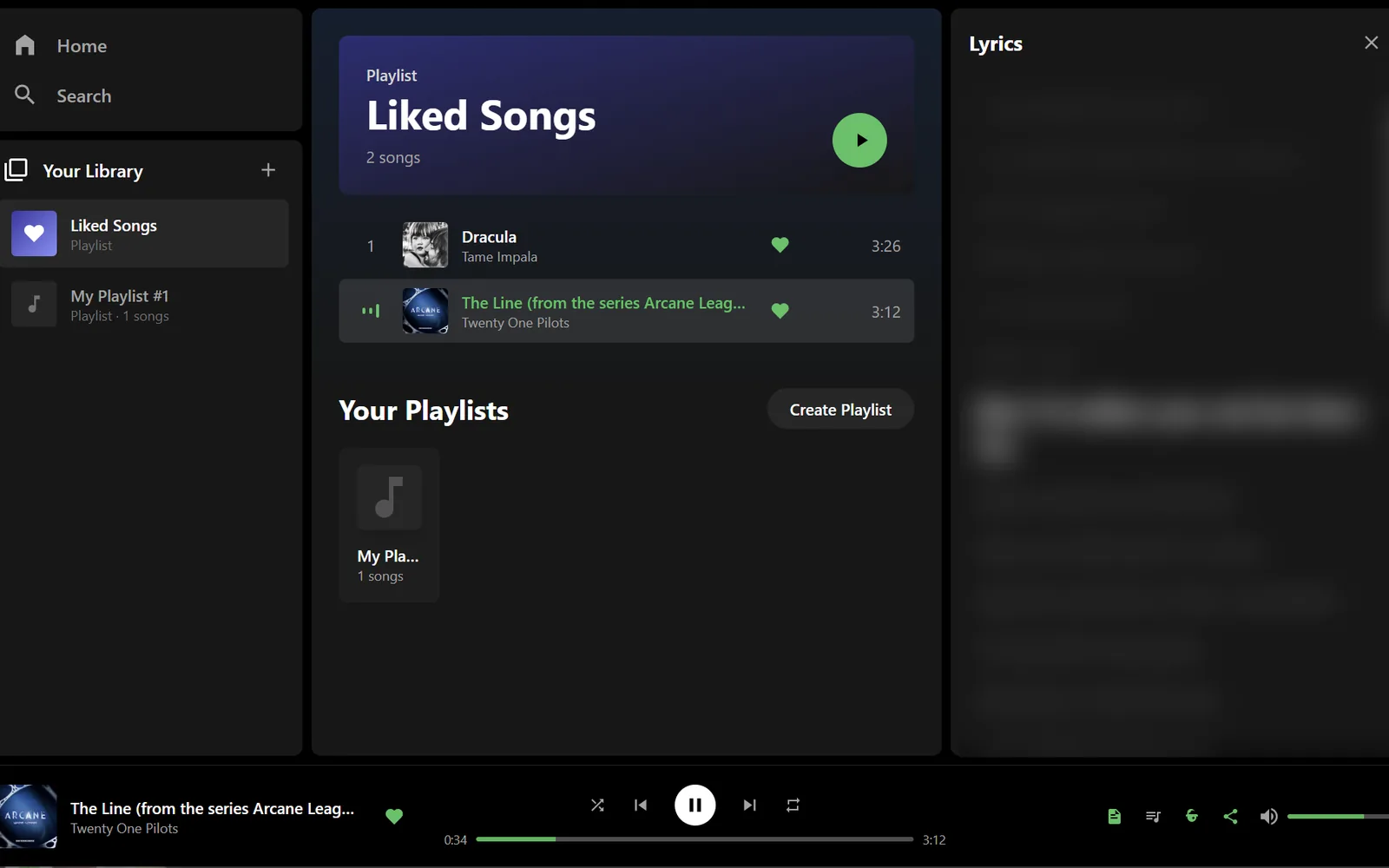 Openfy desktop app showing a Liked Songs playlist, playback controls and a lyrics panel