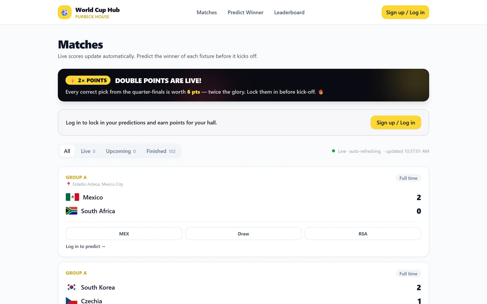 Purbeck World Cup Hub matches page with a double points banner, match filters and a finished Mexico versus South Africa group game